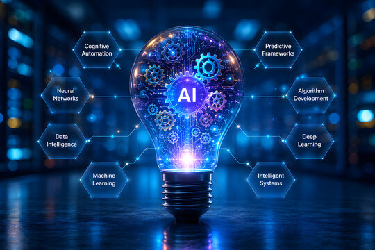 Artificial Intelligence Light Bulb with Digital AI Network Machine Learning and Smart Technology Background