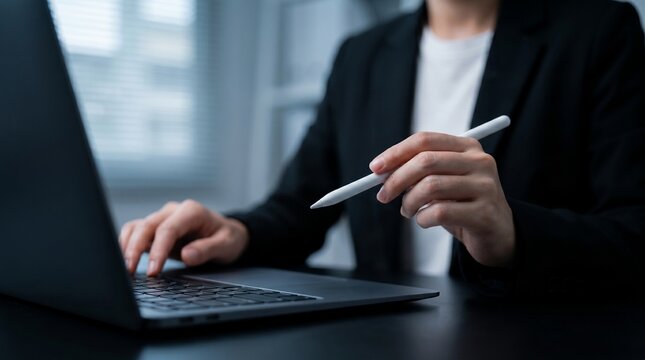 Business professional signing electronic documents on a laptop with a digital stylus, managing online contracts, and streamlining digital workflows for corporate administration


