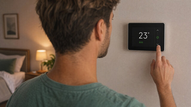 Back view of man using touchscreen smart thermostat in eco mode on wall to adjust temperature in bedroom