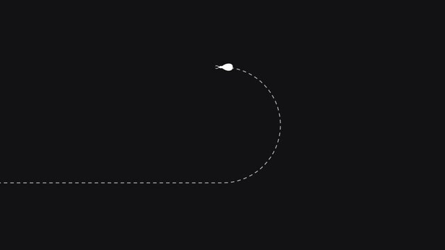 Minimalist white bee flying in a loop-de-loop path on a black background.