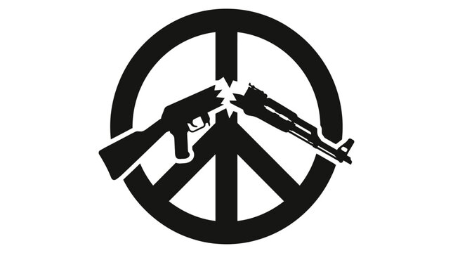 Broken peace symbol with assault rifles black silhouette on white background