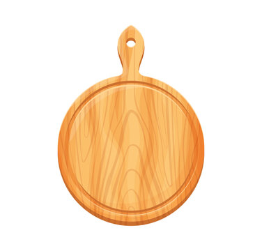 Cartoon round wooden kitchen chopping board, cutting board utensil. Durable dish for kitchen food preparation, slicing and serving, natural timber plank for culinary with handle and wood grain texture