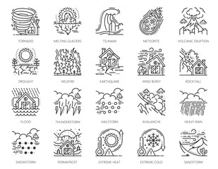 Natural disaster line icons of tornado, earthquake, flood and wildfire, tsunami, volcanic eruption, drought, hailstorm or avalanche, sandstorm, thunderstorm and melting glacier vector linear signs set © Vector Tradition