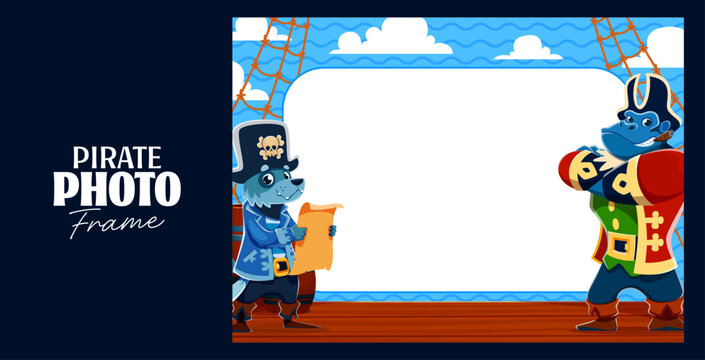 Wolf and gorilla animal pirates on kids photo frame. Border template with cartoon smiling crew wolf corsair reading treasure map and proud gorilla captain characters on wooden ship deck with ropes