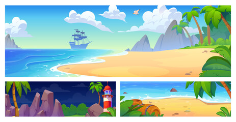 Fototapeta premium Cartoon tropical island landscape banners set. Summer beach with palm trees, sand and sail ship in blue lagoon, jungle forest, mountains and lighthouse. Tropical island landscape at day and night