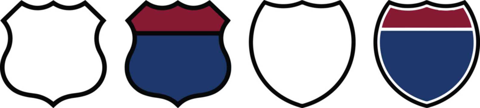 Shield icon set. highway road signs. red and blue colors.