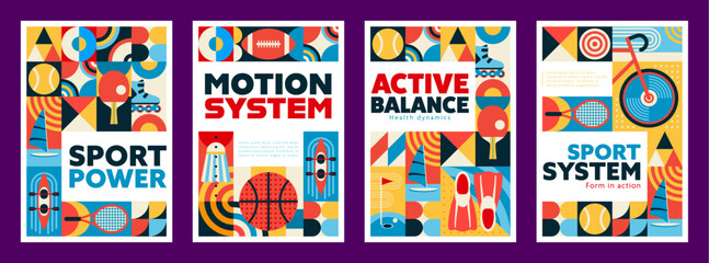 Active sport modern mosaic posters with geometric patterns, celebrating sport power, motion and active balance with tennis racket, basketball, football, paddle, kayak and sailboat with roller skate © Vector Tradition