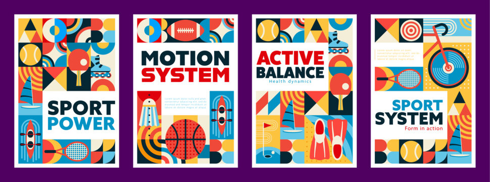 Active sport modern mosaic posters with geometric patterns, celebrating sport power, motion and active balance with tennis racket, basketball, football, paddle, kayak and sailboat with roller skate