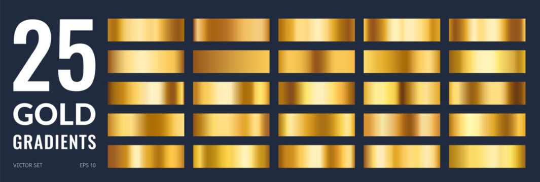 Gold foil palette, luxury golden metallic gradient and brass gradation. Yellow metal palette of gold, copper, zinc and brass alloys, bronze and muntz shades, golden foil rectangular stripes swatches