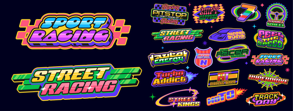 Racing sport retro y2k groovy stickers, car race patch labels. Speed auto and motor rally vehicle icons with trendy y2k star, lightning and fire flame shapes. Race car, wheel and flag retro stickers