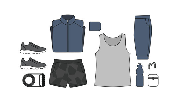 Running and fitness workout kit with running shoes and athletic apparel alongside a water bottle and earphones for active training on white.