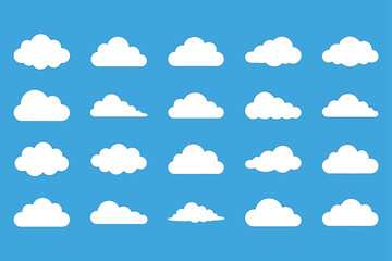 Fototapeta premium White cloud silhouettes flat vector set isolated on blue background.
