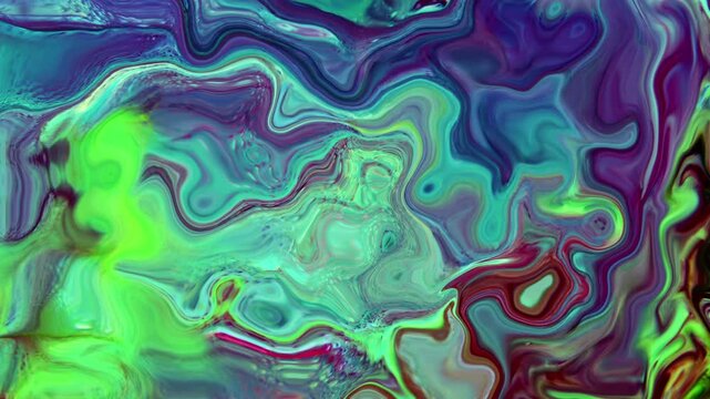 Abstract fluid liquid background with swirling patterns of blue, green, and purple colors. Shimmering acrylic ink mix creating wavy marble textures and flowing organic lines. Full frame graphic design