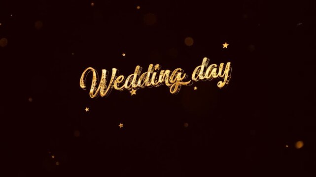 Banner with the inscription Wedding Day with gold style and fireworks, golden congratulations