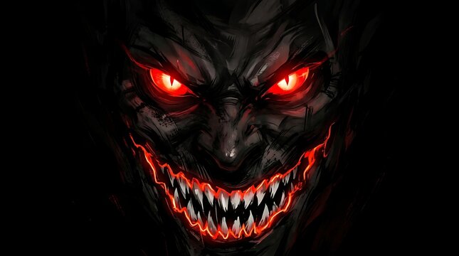Scary Monster Face with Glowing Red Eyes and Sharp Teeth in Dark Background for Halloween