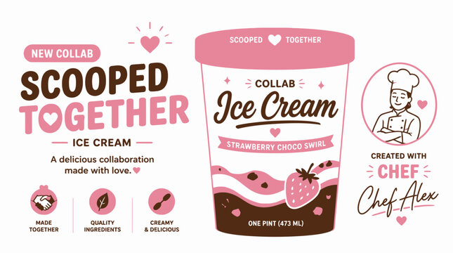 Artisanal strawberry ice cream tub packaging design concept.