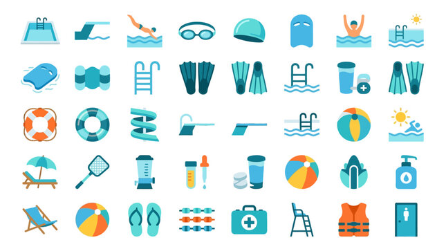 Flat Design Swimming Pool and Summer Activity Icon Set