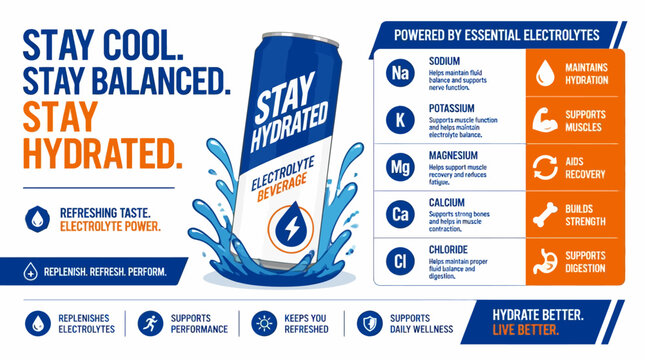 Electrolyte drink advertisement featuring blue can and hydration benefits.