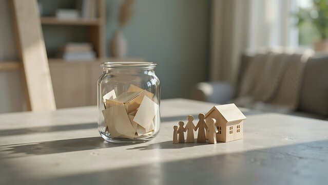 Wooden house and family figures next to a jar with paper notes on a table in a living room with a blurred background