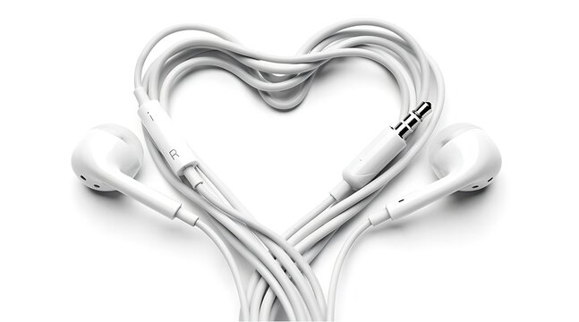 White earphones coiled into a heart shape on a clean white background