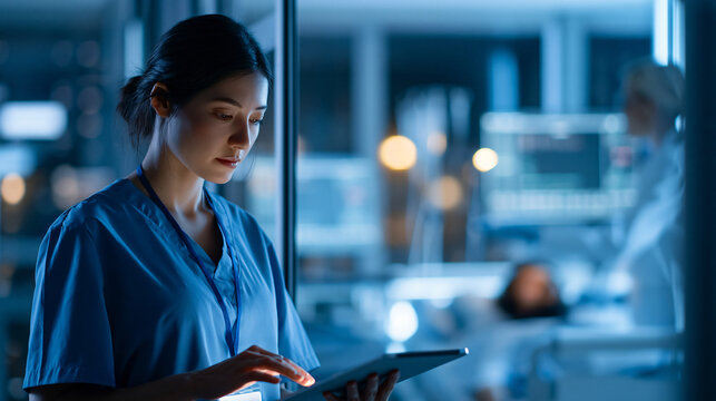 Faceless Asian female physician standing in a dark hospital hallway outside an intensive care ward, focused on tablet while a nurse adjusts the IV for a male patient sleeping in