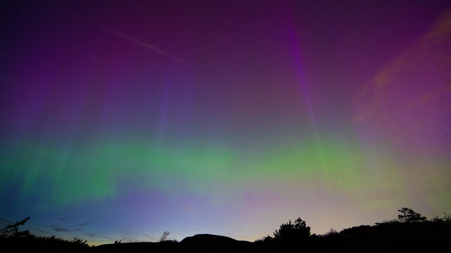 Vibrant green and purple aurora curtains in night sky.