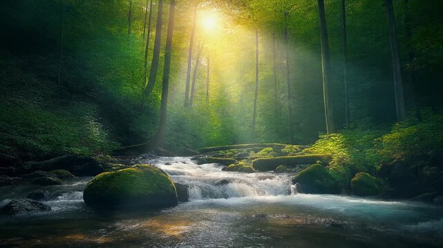 Sunlit Forest Stream Landscape 4K Generative AI