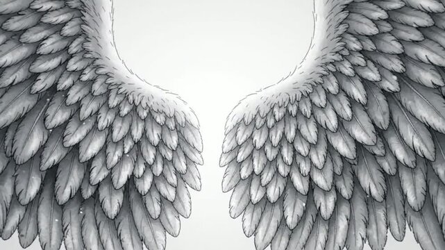 Animated angel wings with floating particles, ethereal white feathers background, spiritual and heavenly motion