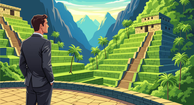 Professional Man Looking at Ancient Pyramid Ruins Vector Illustration Design Background for Travel and Exploration Concepts 8