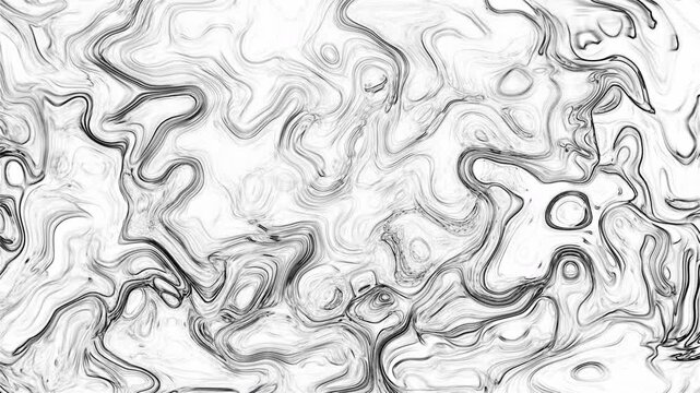 Abstract black and white monochrome background with bold fluid swirls and line patterns. Liquid ink mix creating thick marble contours, ripples, and organic wavy structures. Full frame graphic design 