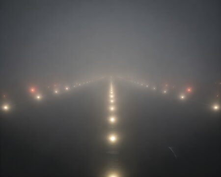 Infinite Perspective Showcasing Runway Center Line Lights Glowing Through Heavy Fog Inside Restricted Flying Zone