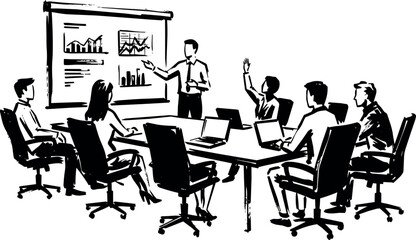 Fototapeta premium Business meeting with presenter pointing at charts and participants seated around table
