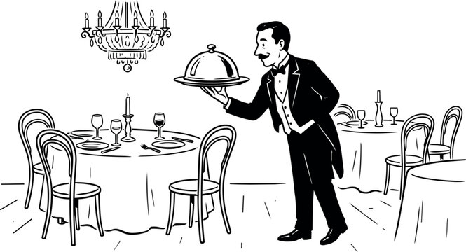 Waiter serving covered dish in formal dining room with chandelier and set tables