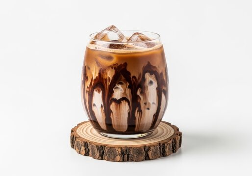 Iced mocha coffee in a glass on a wooden coaster isolated on white background