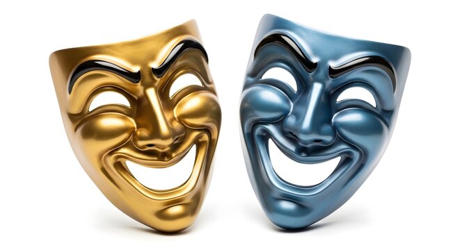 Gold and Blue Comedy and Tragedy Masks on White stock