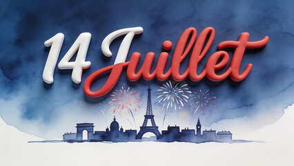 Watercolor Paris skyline with 14 Juillet 3D text and fireworks