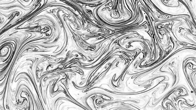 Abstract black and white monochrome background with intricate fluid patterns. Swirling liquid ink creating a detailed marble drawing with dense wavy line structures and organic shapes. Full frame desi