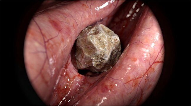 Close-up of a large, irregular stone lodged within the internal lining of a human digestive tract during an endoscopic examination