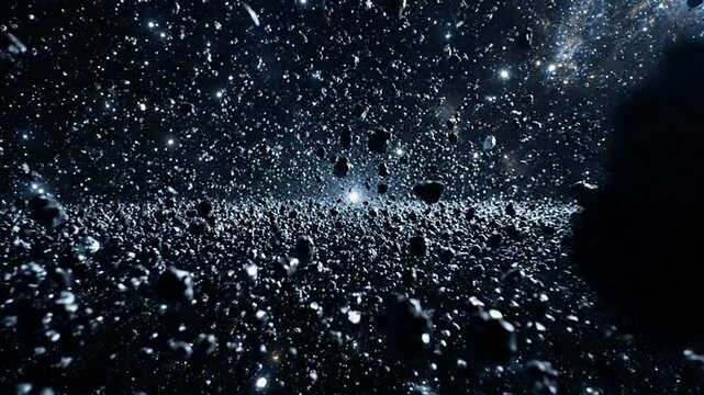 Cinematic asteroid field flying through deep space with glowing stars and cosmic debris galaxy universe