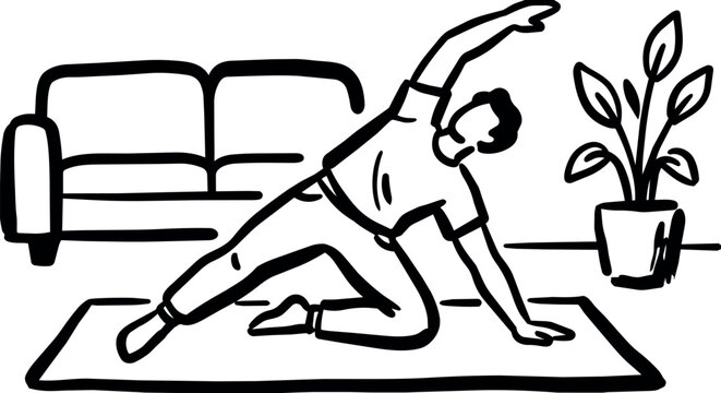 Person doing side stretch exercise on mat in living room
