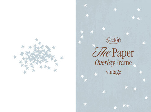Blue star paper overlay frame. Minimal celestial border with scattered stars, soft paper texture and subtle grain effect. Whimsical background for nursery, holiday or invitation designs.