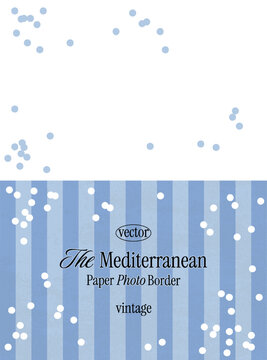 Mediterranean striped paper photo border with confetti. Vintage blue paper texture with scattered circles and grain. Whimsical cutout frame for travel designs, invitations or scrapbooking.