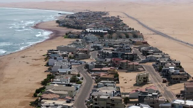 Aerial view of Langstrand, a beach resort town between Swakopmund and Walvis Bay in the Namib Desert, Namibia.