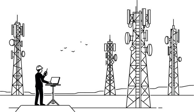 Technician working with laptop near multiple cellular communication towers