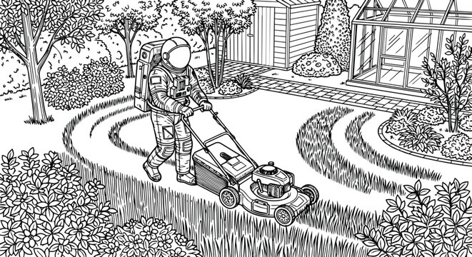 Astronaut mowing lawn with lawn mower in garden with trees and greenhouse
