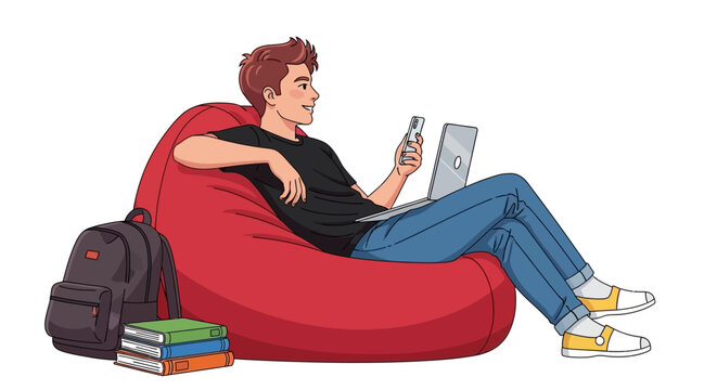 relaxed student, bean bag chair, laptop, casual study, college lifestyle