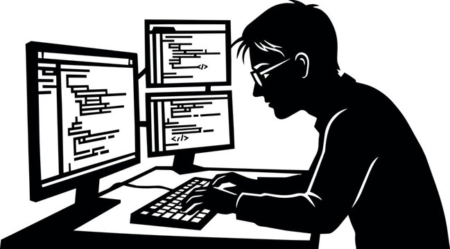Silhouette of a person typing code on a computer with multiple monitors