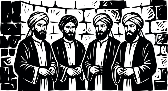 Four men in traditional robes and turbans standing indoors