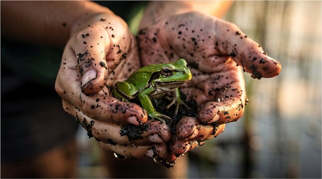 Close-up of hands gently holding a vibrant green frog covered in soil, showcasing a natural wildlife interaction with an intimate and ecological focus