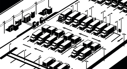 Naklejka premium Isometric view of a parking lot with delivery trucks and street lamps